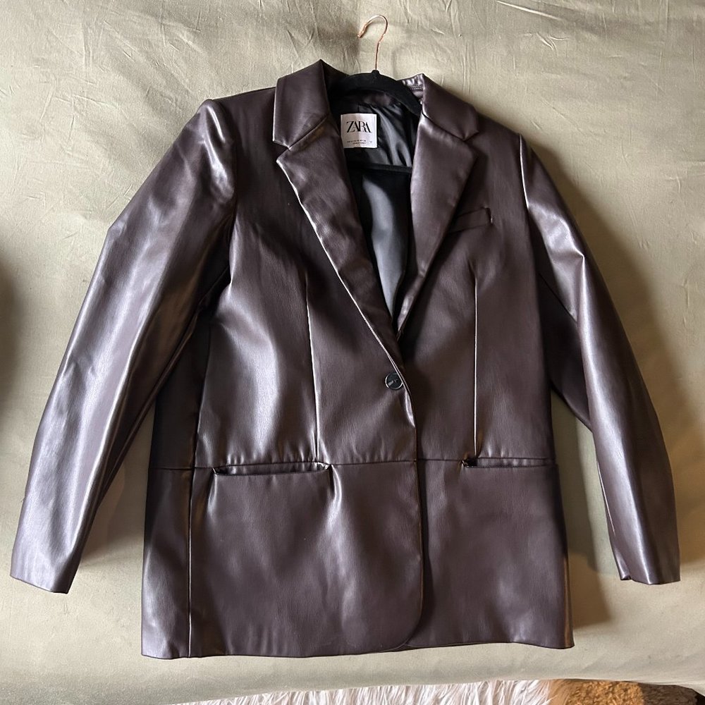 Zara Brown Faux Leather Blazer